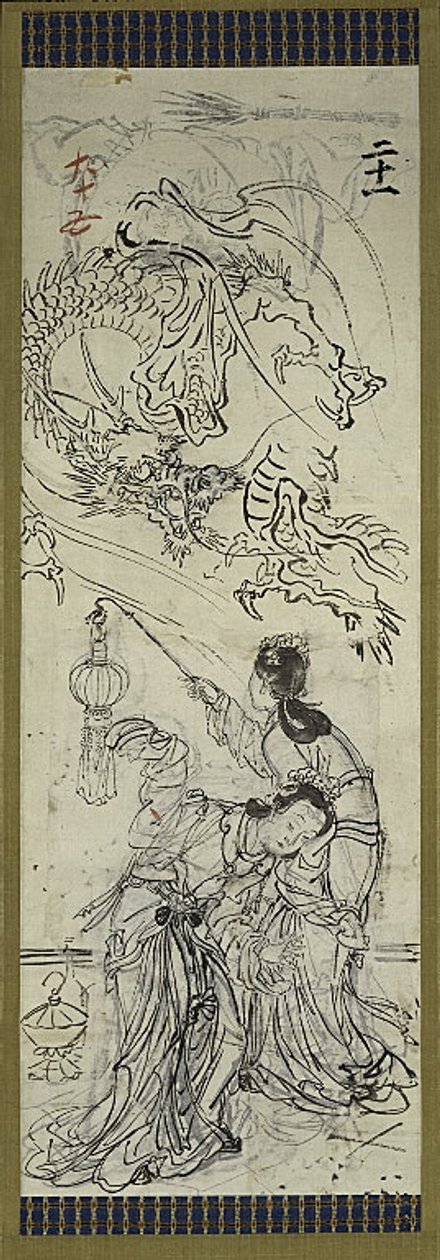 Duas mulheres chinesas com dragão, um de seis esboços de Kawanabe Kyosai