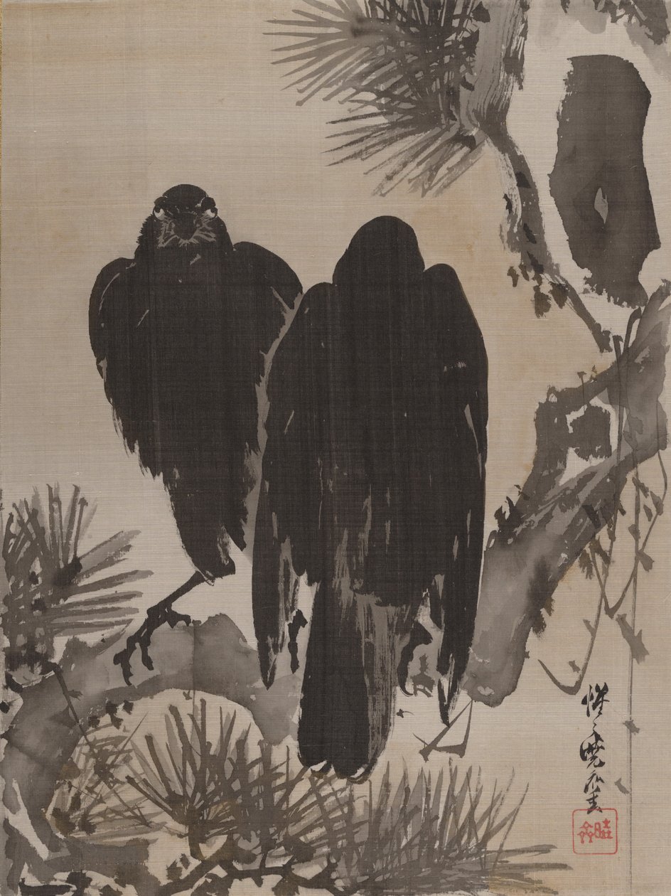 Dois corvos em um galho de pinheiro, ca. 1887 de Kawanabe Kyosai