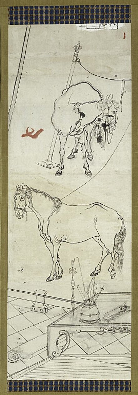 Dois cavalos em estilo chinês, um de seis esboços de Kawanabe Kyosai