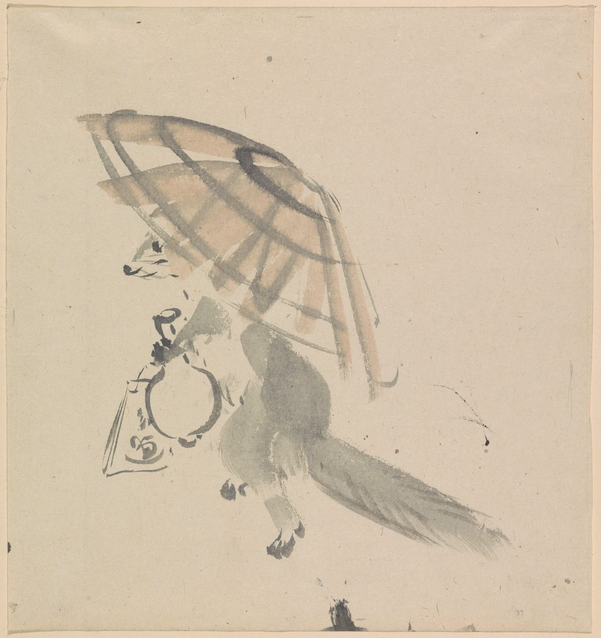 Raposa com garrafa e guarda-sol de Kawanabe Kyosai