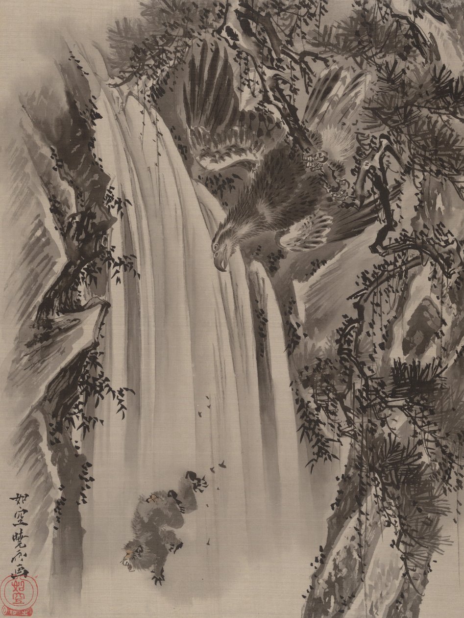 Cachoeira, Águia e Macaco, ca. 1887 de Kawanabe Kyosai