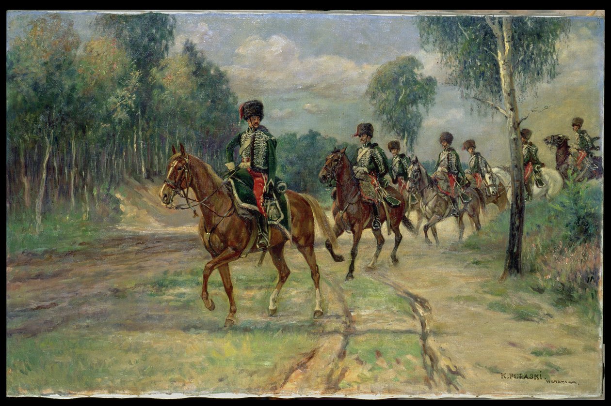 Esquadrão de Hussardos, c.1920 (óleo sobre tela) de Kazimierz Pulaski