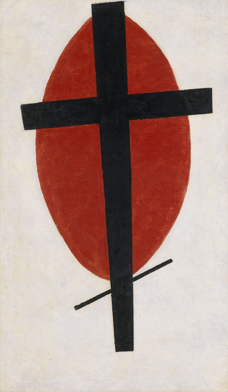 Suprematismo místico cruz preta em ovaln vermelho de Kazimir Severinovich Malevich