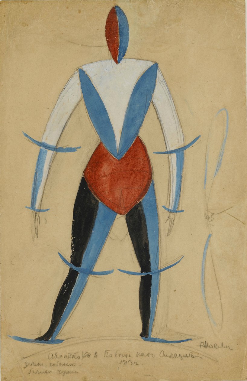 Aviador, figurino para a ópera Vitória sobre o sol por Aleksei Kruchenykh, 1913 (tinta, guache e lápis sobre papel) de Kazimir Severinovich Malevich