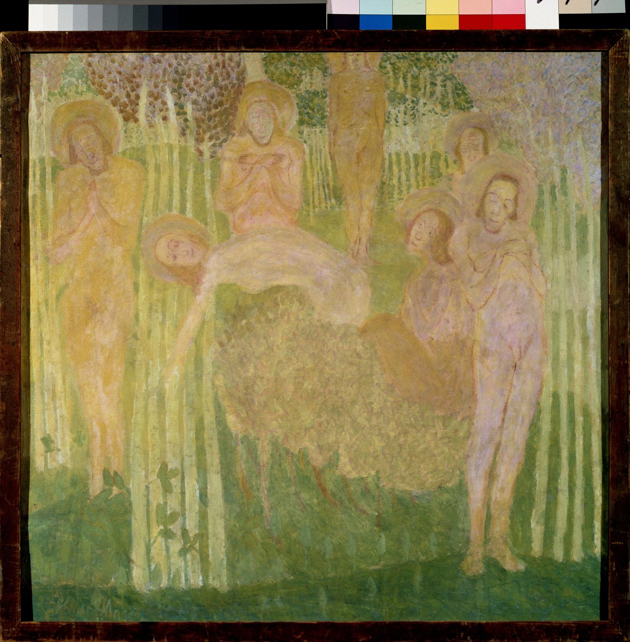 Esboço para uma pintura a fresco. Representação de santos com auréola, com rostos felizes, corpos nus, reunidos em um jardim de árvores floridas. Obra de Kasimir Severinovich Malevich (Malevich, Malevic) (1878-1935), te de Kazimir Severinovich Malevich