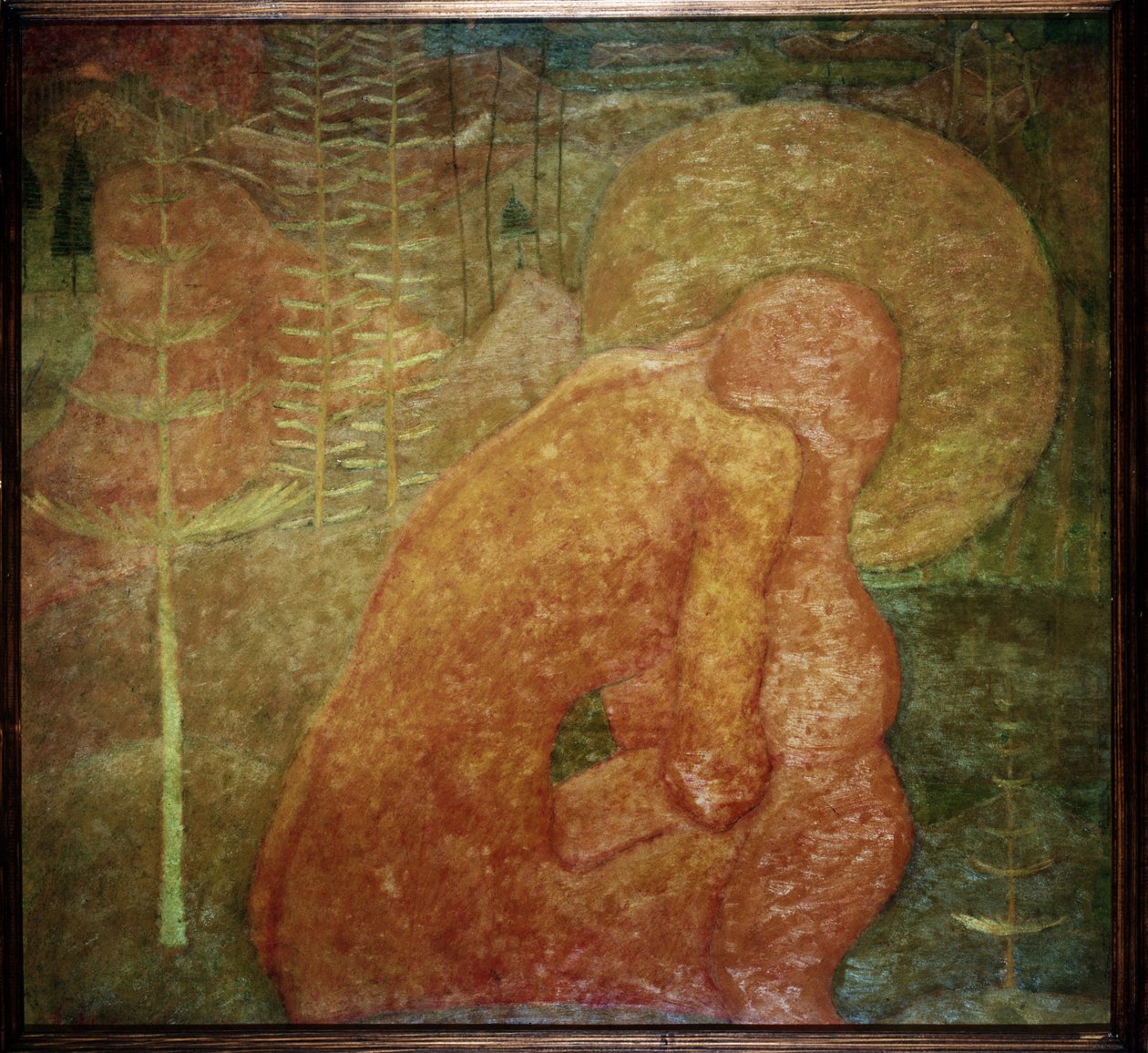 Esboço para um afresco. Oração. (Esboço para um afresco; Oração). Um personagem nu, em uma paisagem de floresta, está enrolado sob sua auréola. Obra de Kasimir Severinovich Malevitch (Malevich, Malevic) (1878-1935), têmpera sobre papelão de Kazimir Severinovich Malevich