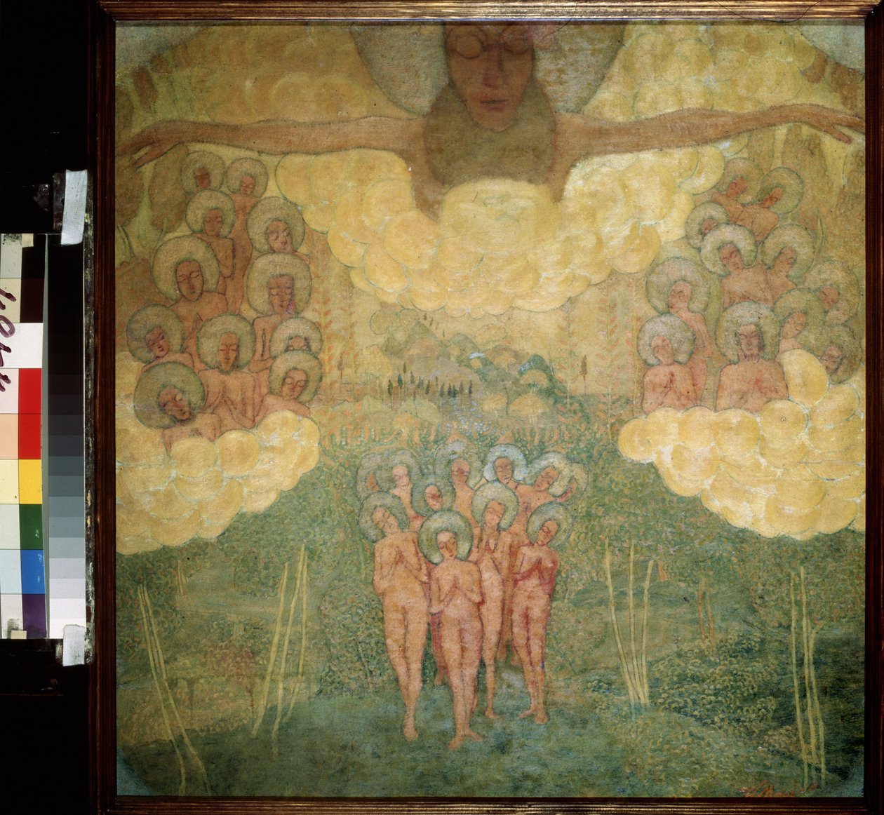 Esboço para uma pintura a fresco. Esboço para uma pintura a fresco. O Triunfo dos Céus. Um grupo de santos nus, avançando num jardim paradisíaco, com as mãos unidas em oração, acima deles santos instalados nas nuvens, um de Kazimir Severinovich Malevich