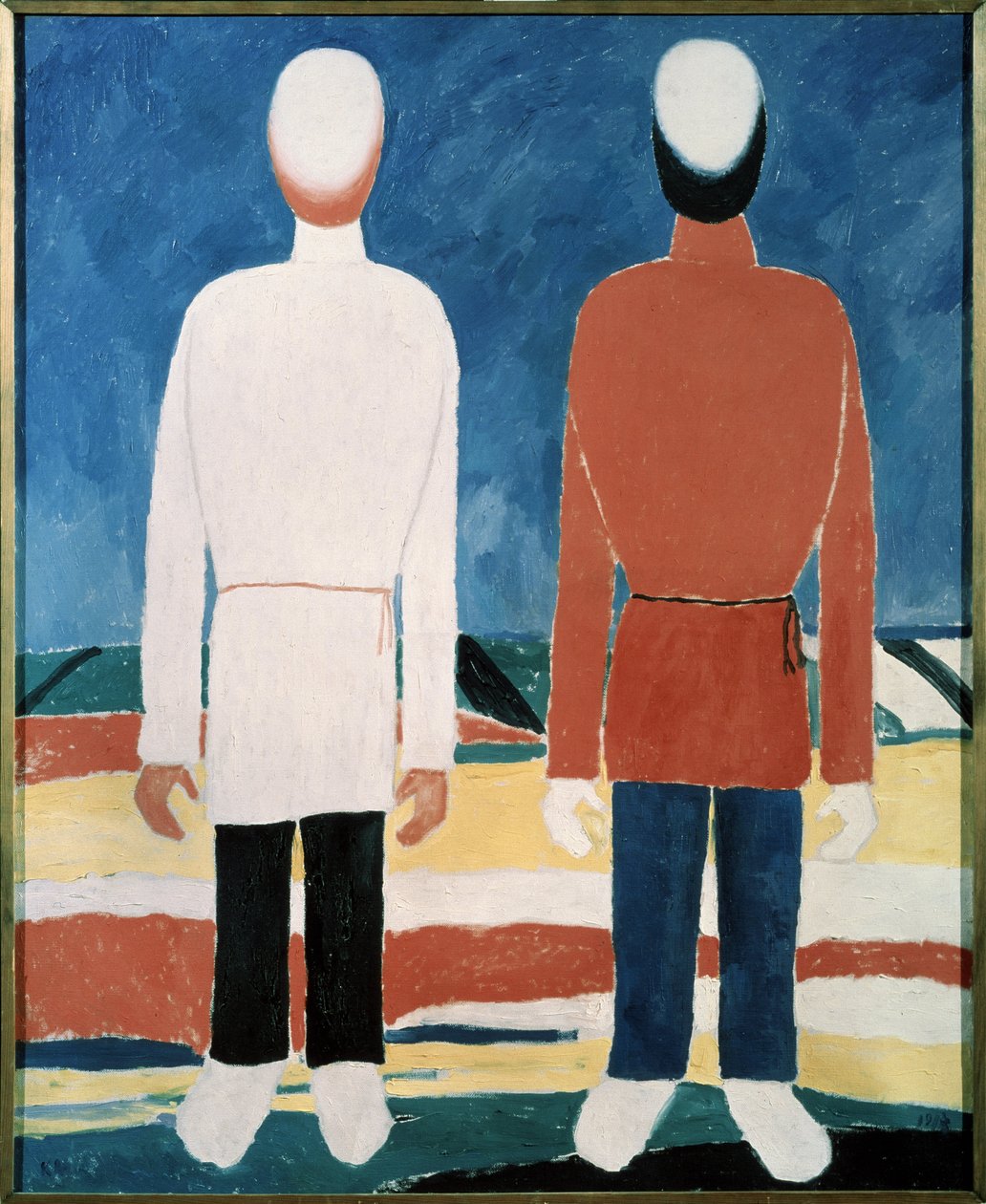 Duas figuras masculinas. Pintura por Kasimir Severinovich Malevich (Malevich, Malevic) (1878-1935), óleo sobre tela de Kazimir Severinovich Malevich