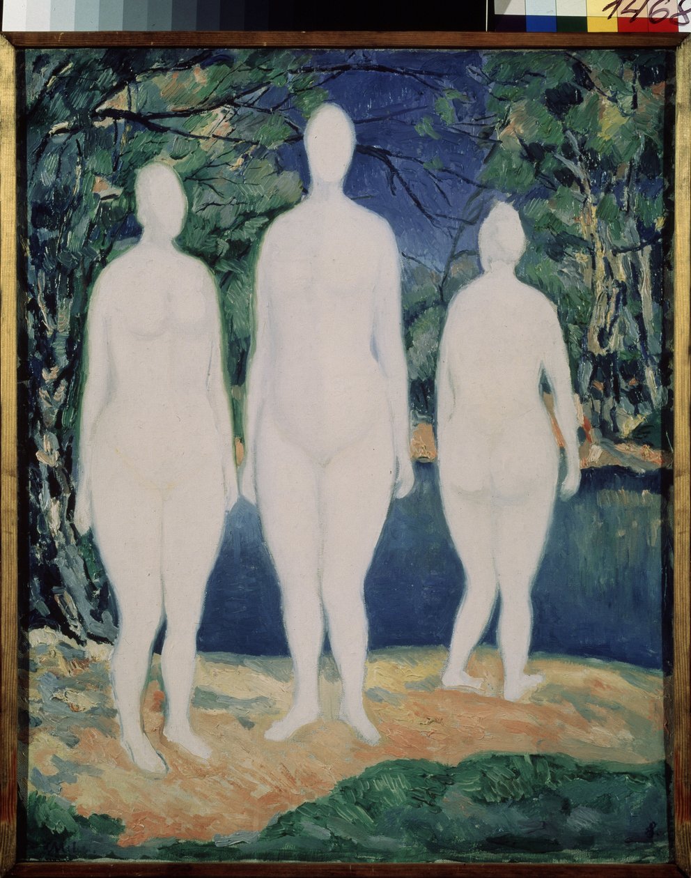 Os Padres. Três figuras brancas nuas junto a um rio no Verão. Pintura por Kasimir Severinovich Malevich (Malevich, Malevic) (1878-1935), óleo sobre tela de Kazimir Severinovich Malevich