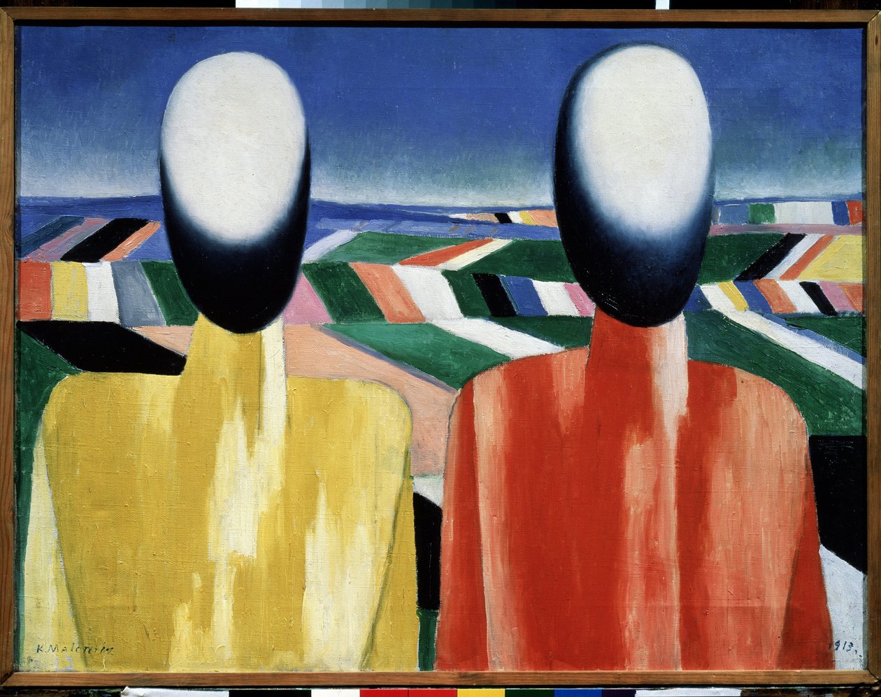 Camponeses (camponeses). Duas cabeças sem rosto diante de uma paisagem de campos cultivados. Pintura de Kasimir Severinovich Malevitch (Malevich, Malevic) (1878-1935), óleo sobre tela, por volta de 1930. Arte russa, vanguarda, século XX, suprematismo. Musa de Kazimir Severinovich Malevich