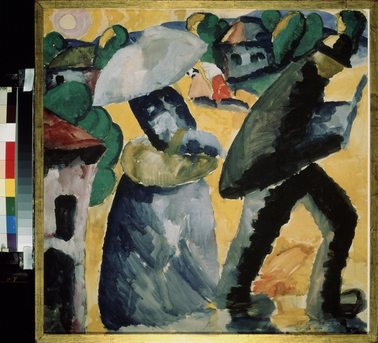 Província. Cena da vida cotidiana nas ruas de uma pequena vila, um casal, surpreendido pela chuva, caminha na chuva, a mulher se abriga sob um guarda-chuva. Obra de Kasimir Severinovich Malevitch (Malevich, Malevic) (1878-1935), guache sobre papel de Kazimir Severinovich Malevich