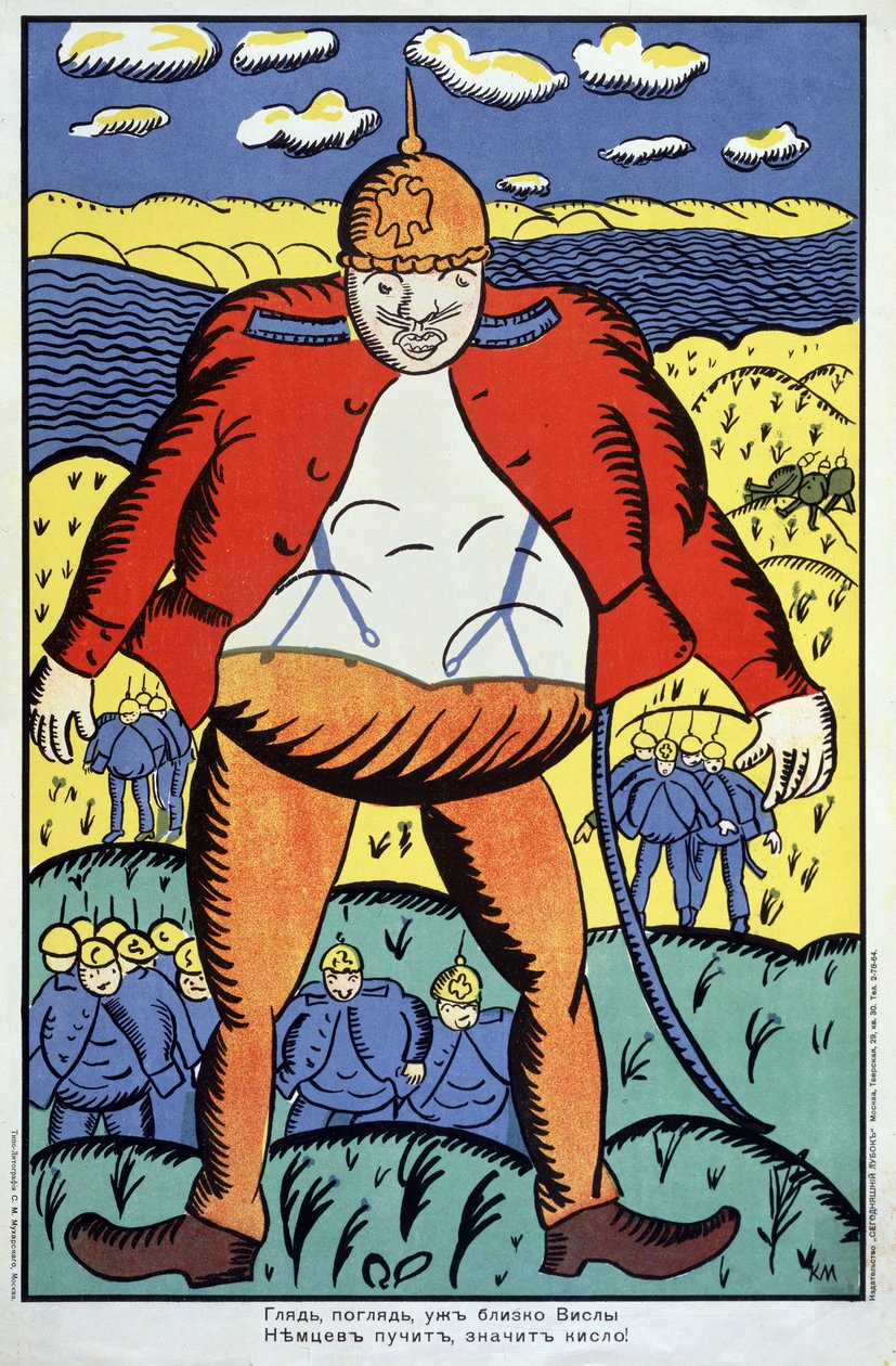 Olha, o Vístula não está longe... (Veja, a vístula não está longe...). Primeira Guerra Mundial (1914-1918), um gigantesco soldado alemão com o seu casaco aberto e um capacete de picos, seguido pelo resto das suas tropas, na Polónia, após o confronto com os de Kazimir Severinovich Malevich
