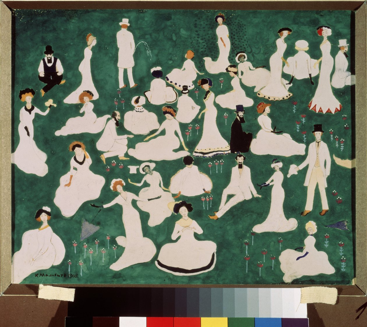 Relaxamento. Alta sociedade em cartolas. (Relaxando. Alta Sociedade em Cartolas). Cena de diversão e relaxamento no gramado de um parque. Obra de Kasimir Severinovich Malevitch (Malevich, Malevic) (1878-1935), aguarela, guache e tinta sobre de Kazimir Severinovich Malevich