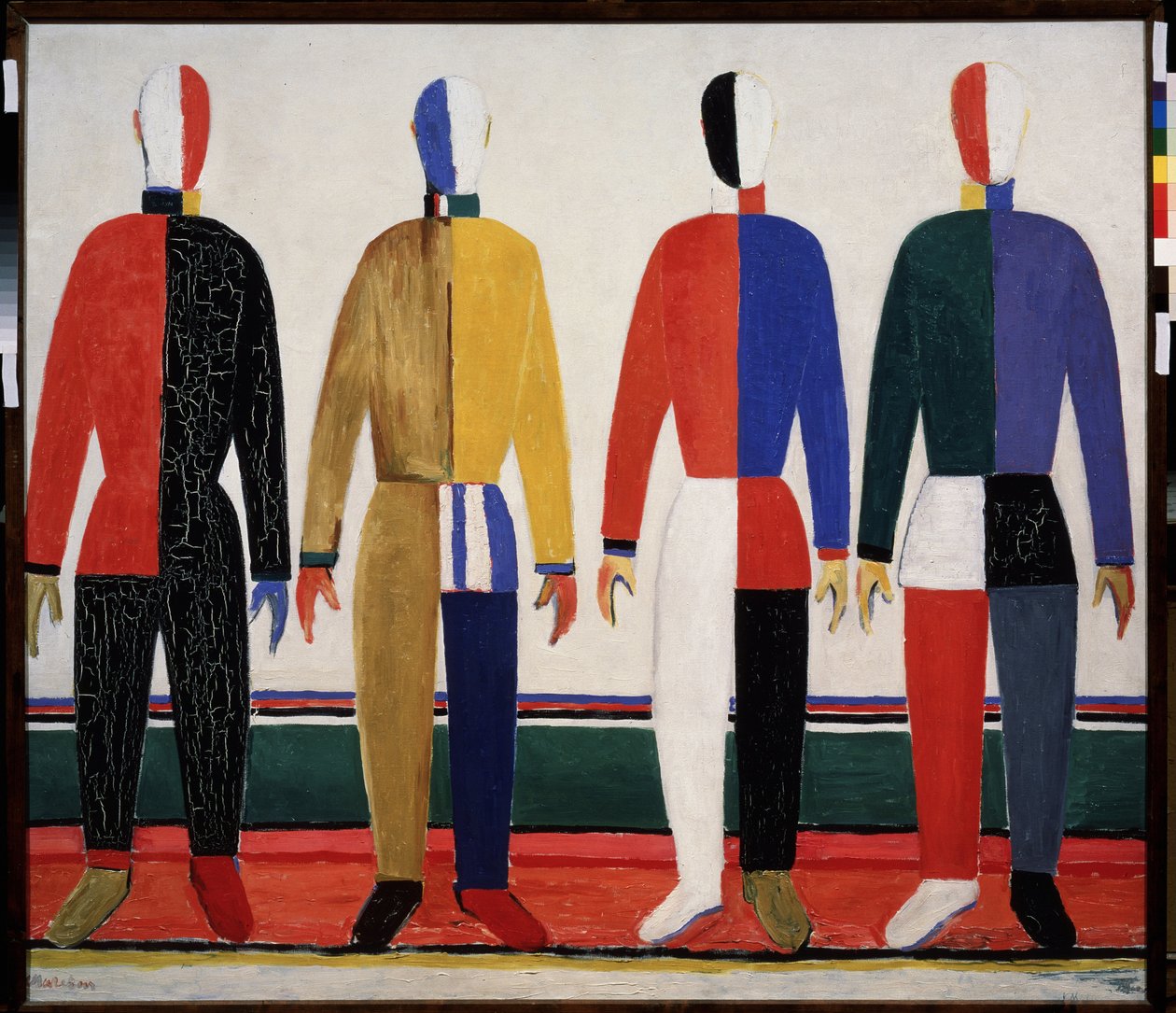 Desportistas. Quatro homens vestindo roupa desportiva muito colorida. Pintura por Kasimir Severinovich Malevich (Malevich, Malevic) (1878-1935), óleo sobre tela de Kazimir Severinovich Malevich