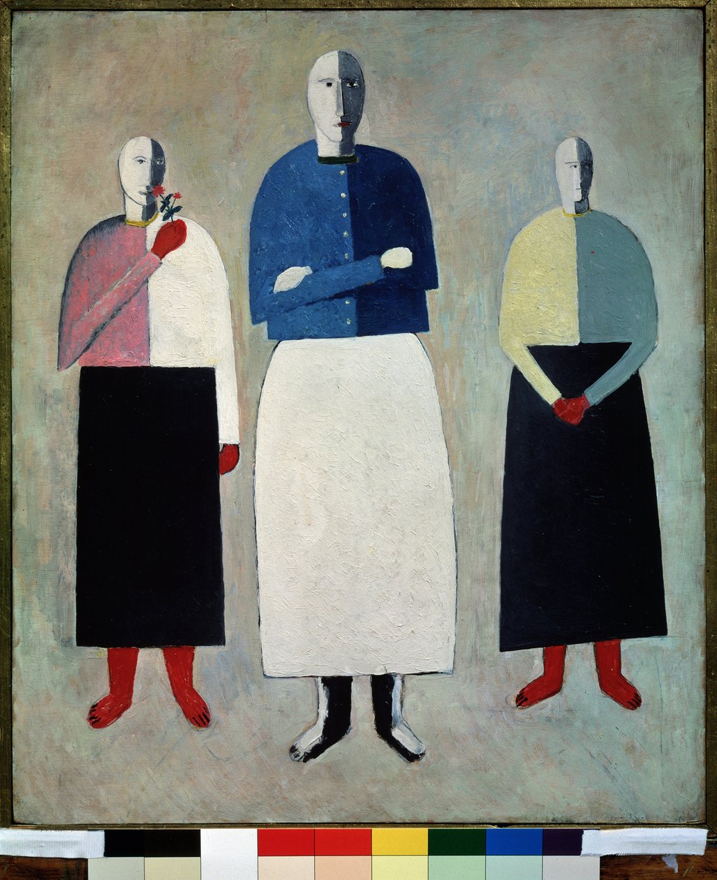 Três raparigas. Os três têm cabeças carecas, vestidas com saias rectas e coletes com botões. Pintura de Kasimir Severinovich Malevich (Malevich, Malevic) (1878-1935), óleo sobre madeira de Kazimir Severinovich Malevich