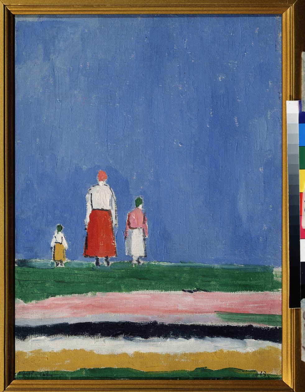 Três Números. Uma mãe com dois filhos, retratada por trás. Pintura de Kasimir Severinovich Malevich (Malevich, Malevic) (1878-1935), óleo sobre tela 1913 ou depois de 1927. Arte russa, avant garde século XX, suprematismo. Colecção p de Kazimir Severinovich Malevich