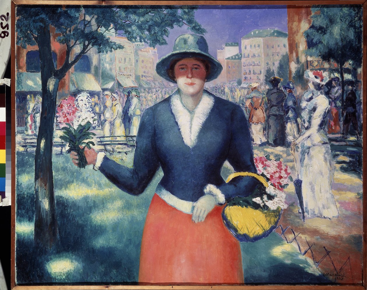 Uma rapariga florida. Cena de Verão, multidão a caminhar num parque público no meio da cidade, retrato de um vendedor de flores. Pintura por Kasimir Severinovich Malevich (Malevich, Malevic) (1878-1935), óleo sobre tela de Kazimir Severinovich Malevich
