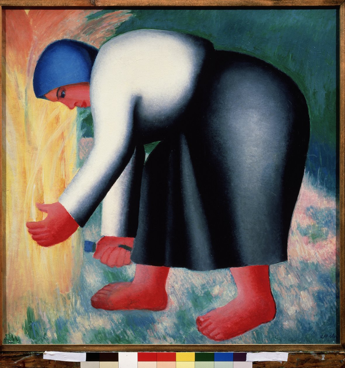 Um Ceifeiro. Retrato de uma camponesa curvada, descalça, a colher cereais. Pintura de Kasimir Severinovich Malevich (Malevich, Malevic) (1878-1935), óleo sobre madeira de Kazimir Severinovich Malevich