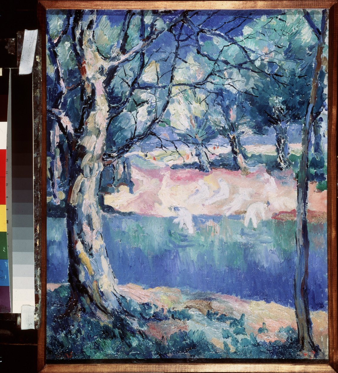 Um rio na floresta. Em meados do Verão, com banhistas nus na costa. Pintura por Kasimir Severinovich Malevich (Malevich, Malevic) (1878-1935), óleo sobre tela de Kazimir Severinovich Malevich