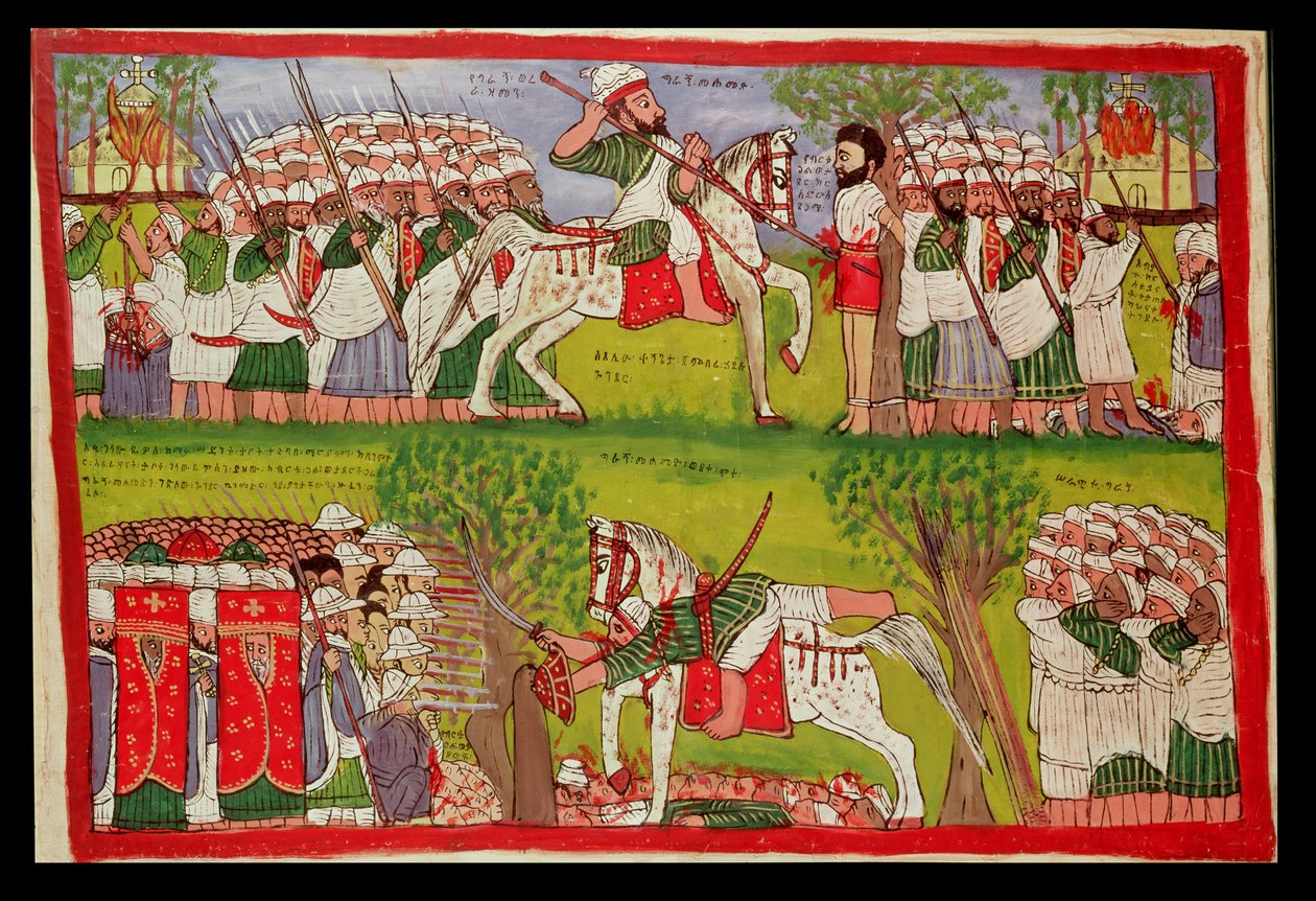 Queima de Igrejas por muçulmanos e a Morte de Cristobal de Gama e a Queda e Morte de Ahmed ibn Ibrahim al-Ghazi (1506-43) Filmado por um Mosqueteiro Português, c.1900 (óleo sobre tela) de Kegneketa Jemlieri Hailu of Gondar