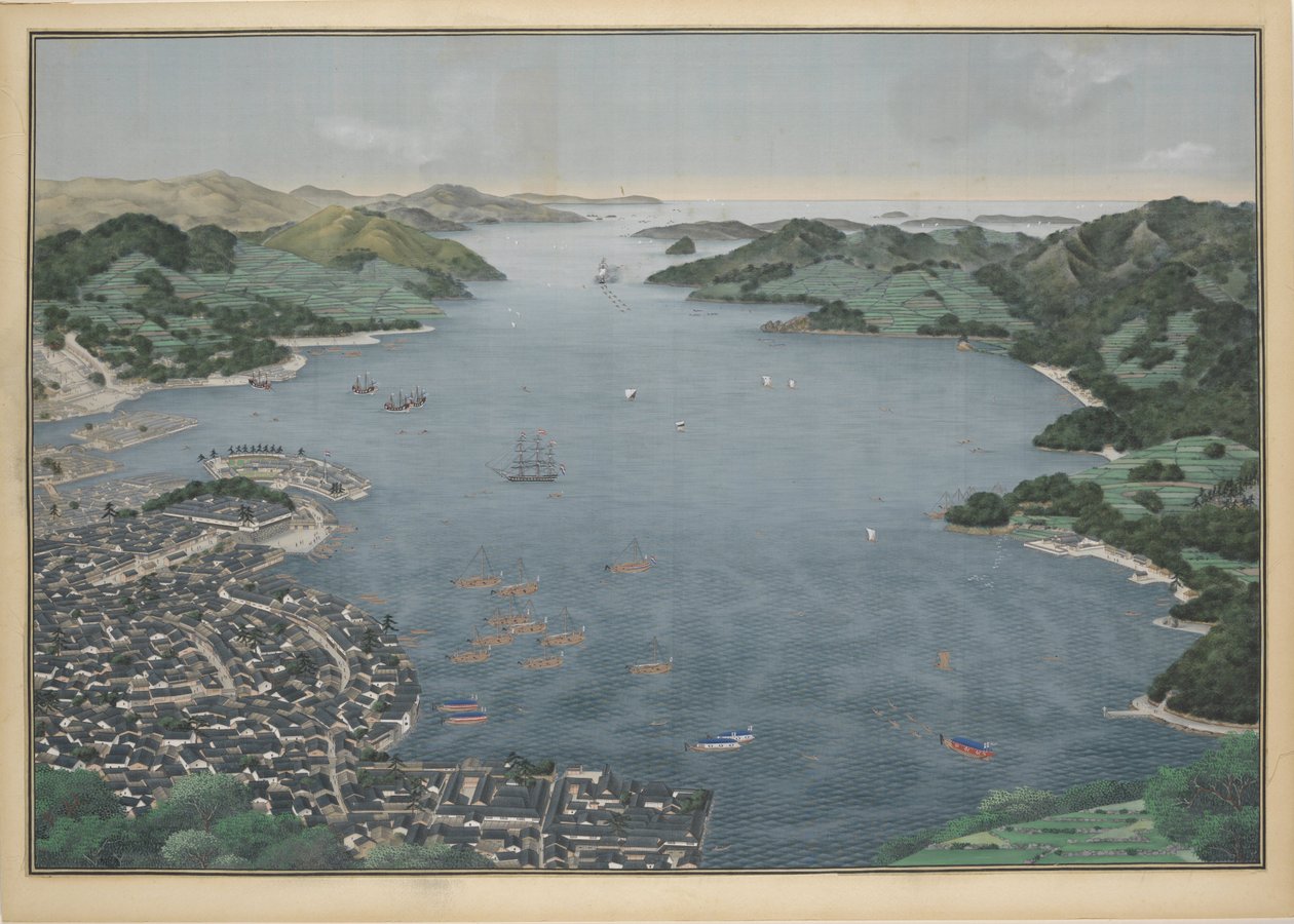 Vista da baía de Nagasaki, c.1833. de Keiga Kawahara
