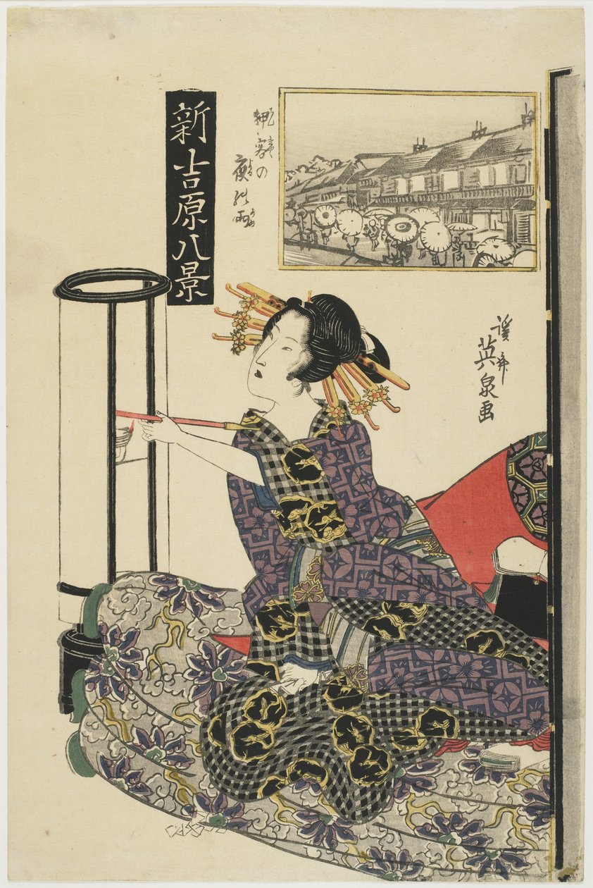 Noite chuvosa com um cliente regular, c. 1820s de Keisai Eisen