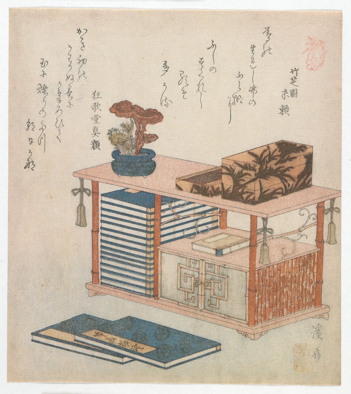 Surimono ilustrando um gabinete de livros, período Edo, final dos anos 1810 ou início dos anos 1820 (impressão em xilogravura a cores) de Keisai Eisen