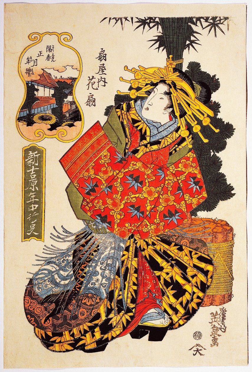 Courtesan Hanaogi da casa de Ogiya no desfile de primavera de cortesãs, por volta de 1830, estampa de arte ukiyo-e de Keisai Eisen (1790-1848), talha de Oban tate-e, 38,5 x25. 7 cm, civilização japonesa, período Edo de Keisai Eisen