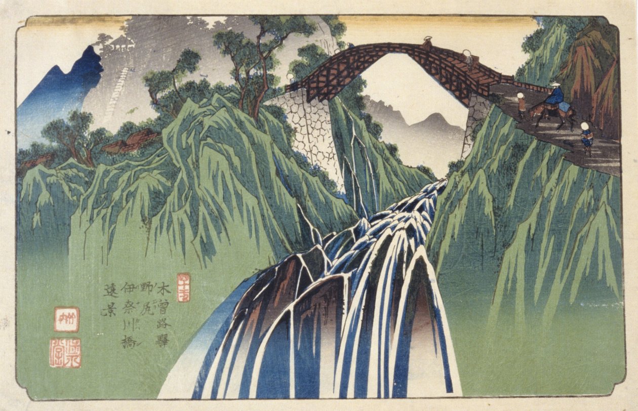 Vista Distante da Ponte sobre o Rio Ina Em Nojiri , No. 41 (Nojiri Inagawabashi Enkei, 41) (impressão em bloco de madeira a cores) de Keisai (1790-1848) Eisen