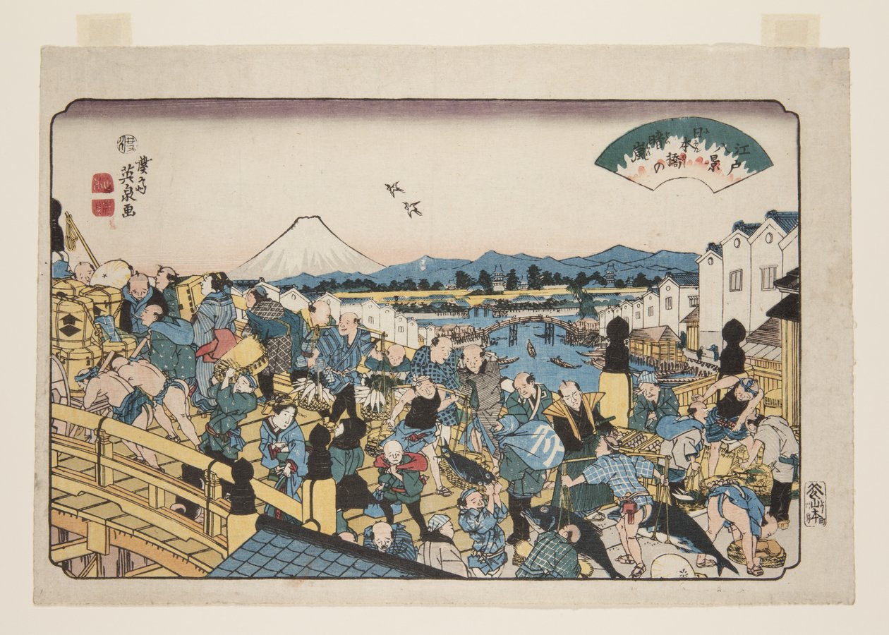Clearing Weather at Nihonbashi (Nihonbashi no seiran) (impressão em bloco de madeira colorida) de Keisai Eisen