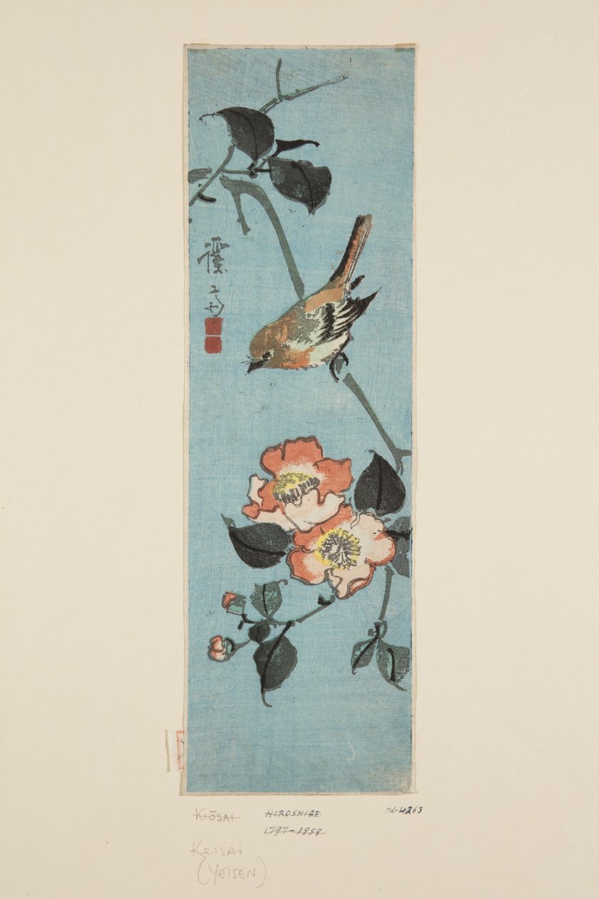 Sparrow e Camellia (impressão a cores de bloco de madeira) de Keisai Eisen
