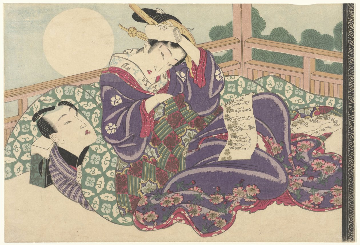 Casal amoroso na lua cheia de Keisai Eisen (attributed to)