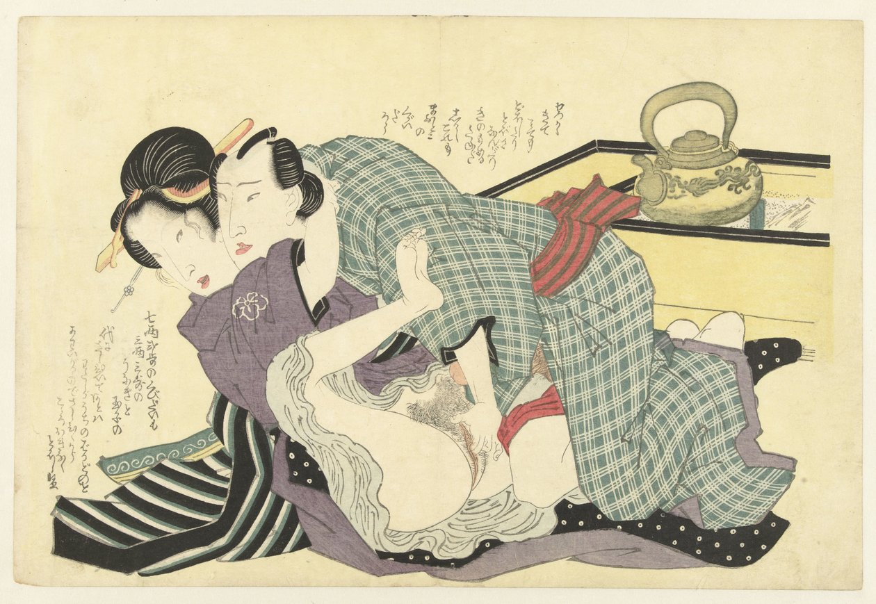 Casal amoroso em frente da caldeira de Keisai Eisen (attributed to)