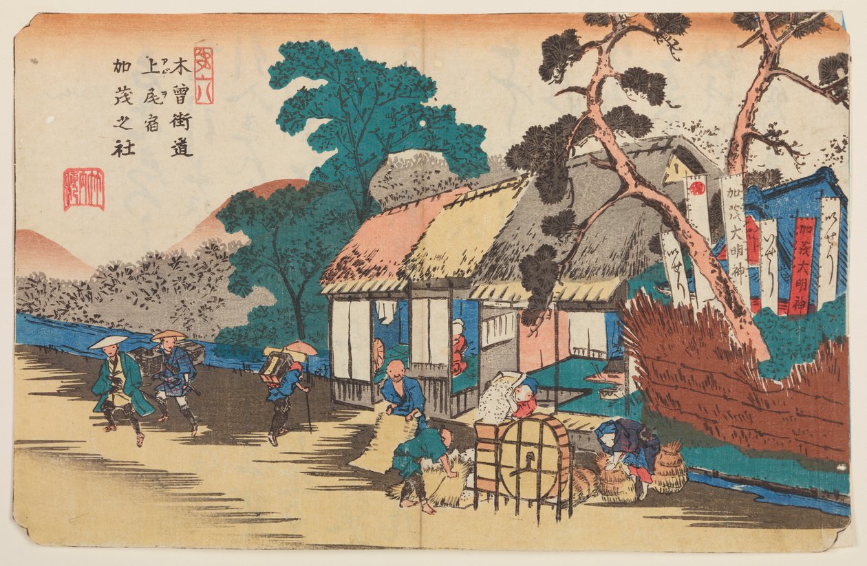 Ageo, peneirar o grão, estampa 6 da série: Sessenta e nove estações da estrada Kisokaidō / Kisokaidō rokujūkyū tsugi-no uchi de Keisai Eisen