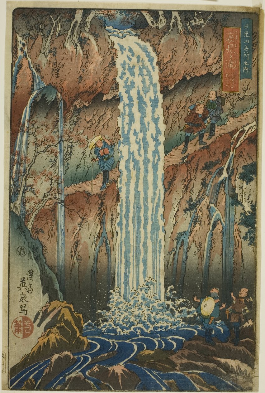 Cascatas com vista para trás, uma das três cascatas (Urami-ga-taki, santaki no sono ikkei), da série "Pontos cénicos famosos nas montanhas de Nikko (Nikkosan meisho no uchi)" de Keisai Eisen