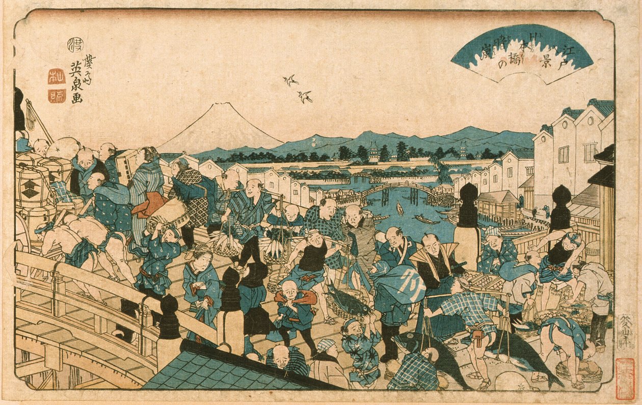 Tempo a abrir na ponte Nihonbashi de Keisai Eisen