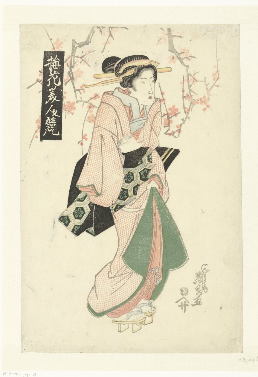 Cortesã sob flor de ameixa Comparações entre belezas e Plum Blossom (título da série) Baika bijin kurabe (título da série no objeto) de Keisai Eisen
