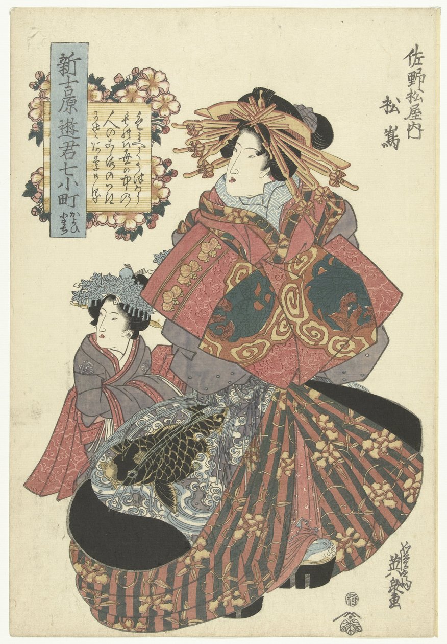 Cortesã da casa Sanomatsuya Cortesãs do Novo Yoshiwara em um dos sete episódios da vida de Ono no Komachi (título da série) Shin Yoshiwara yukun nana Komachi (título da série no objeto) de Keisai Eisen