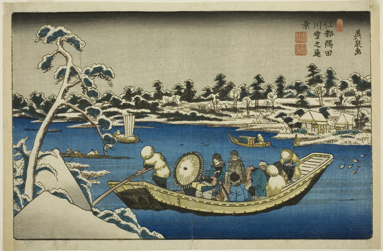Vista distante da neve no rio Sumida em Edo de Keisai Eisen