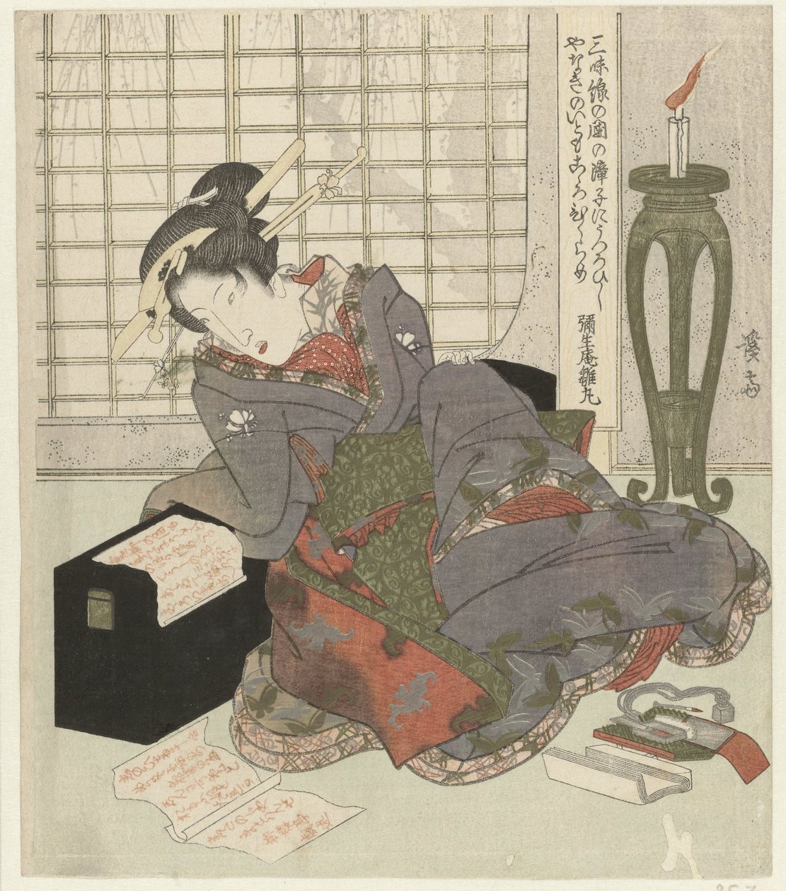 Uma gueixa se apoia na caixa de seu shamisen de Keisai Eisen