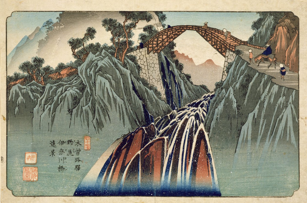 Ponte Inagawa no bar Nojiri (Nojiri Inagawa bashi Enkei) Por Hoeido e Kinjudo, final dos anos 1830 (impressão em madeira colorida à mão) de Keisai Eisen