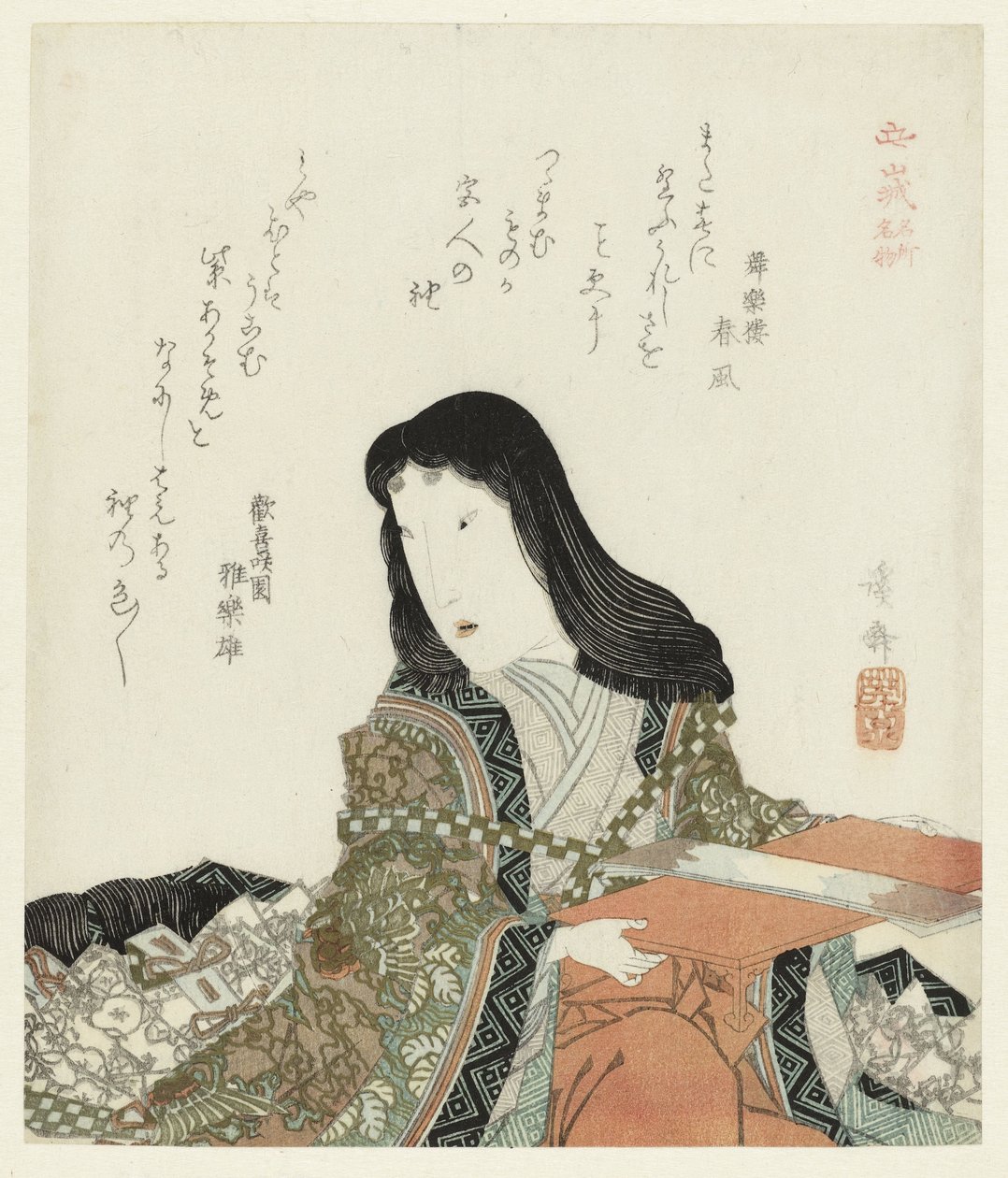 Mulher ajoelhada Lugares e produtos famosos na província de Yamashiro (título da série) Yamashiro meisho meibutsu (título da série no objeto) de Keisai Eisen