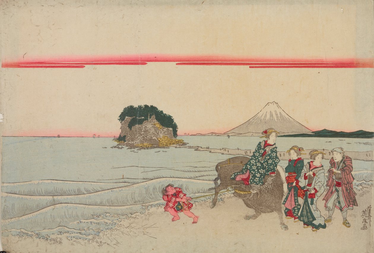 Mulher num búfalo, criança e três transeuntes junto ao mar, com a ilha de Enoshima ao fundo de Keisai Eisen