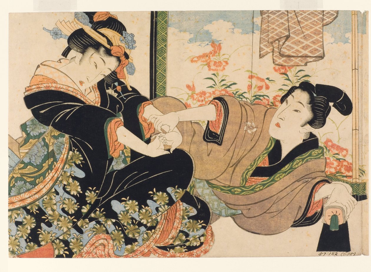 Amantes por uma tela pintada, 1815-25 (xilogravura) de Keisai Eisen