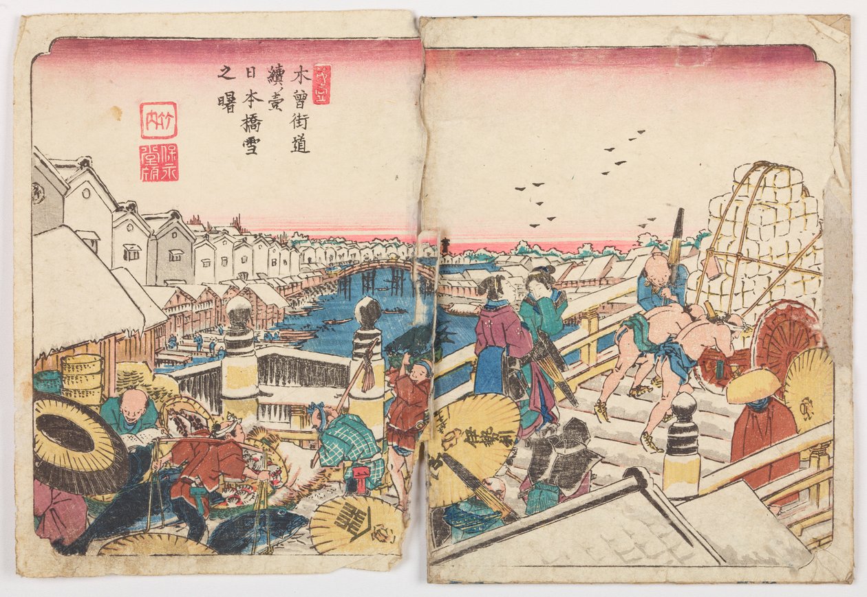 A ponte Nihon-bashi numa manhã nevada, ilustração n.º 1 da série: A Estrada Kisokaido / Kisokaido rokujuku zugi de Keisai Eisen