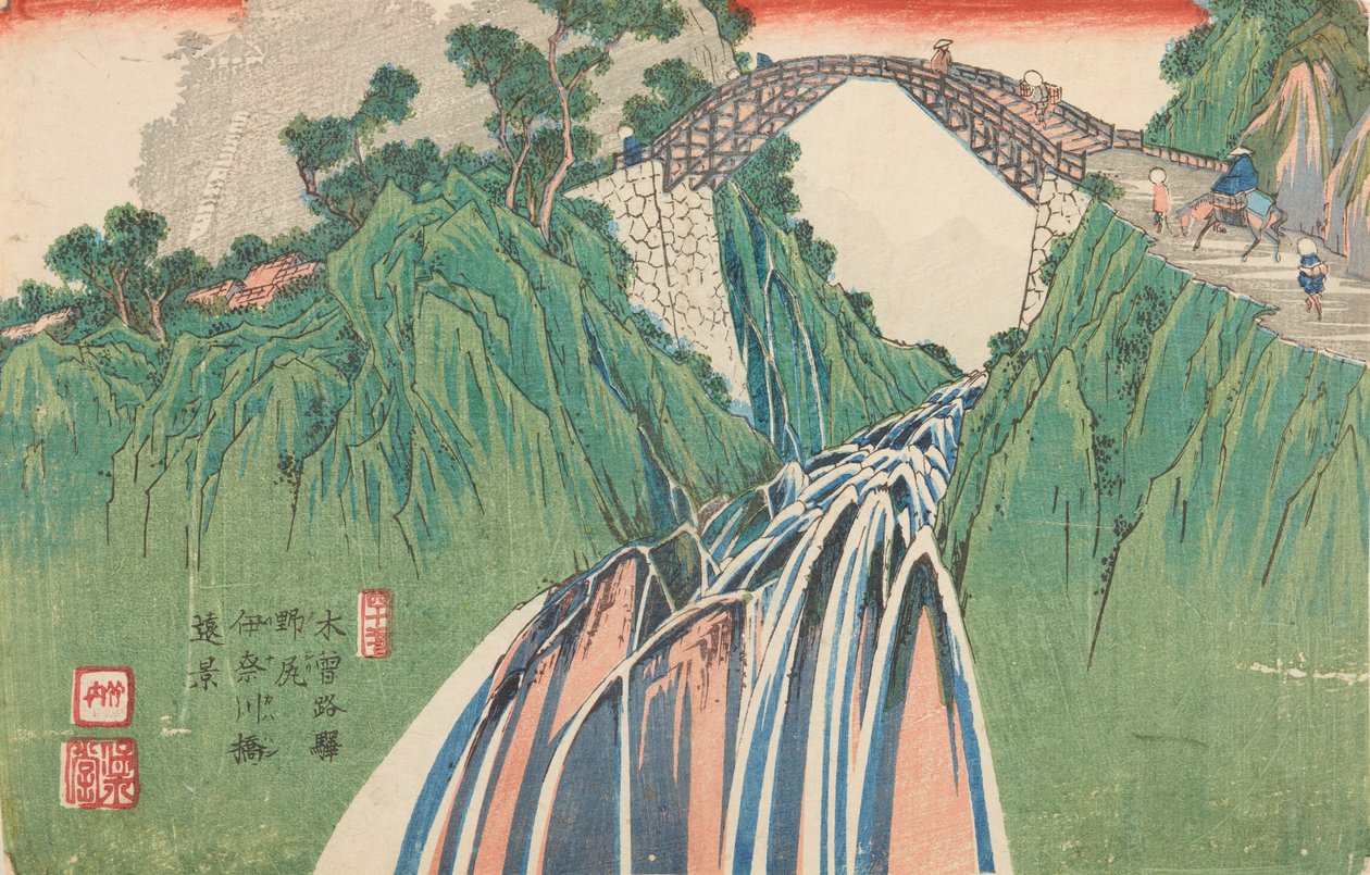 Ponte sobre o rio Inagawa em Nojiri, placa n.º 40 da série: A Estrada Kisokaido / Kisoi no eki de Keisai Eisen