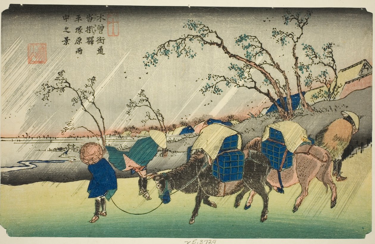 No. 20: Chuva na planície de Hiratsuka perto da estação de Kutsukake (Niju: Kutsukake no eki, Hiratsukahara uchu no kei), da série "[Sessenta e nove estações do] Kisokaido" de Keisai Eisen