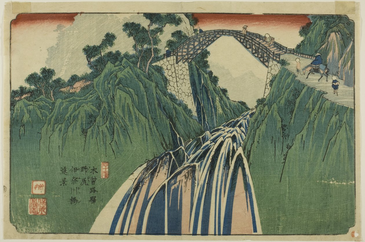 N.º 41: Vista ao longe da ponte sobre o rio Ina em Nojiri (Yonjuichi: Noriji Inagawabashi enkei), da série "[Sessenta e nove estações do] Kisokaido" de Keisai Eisen