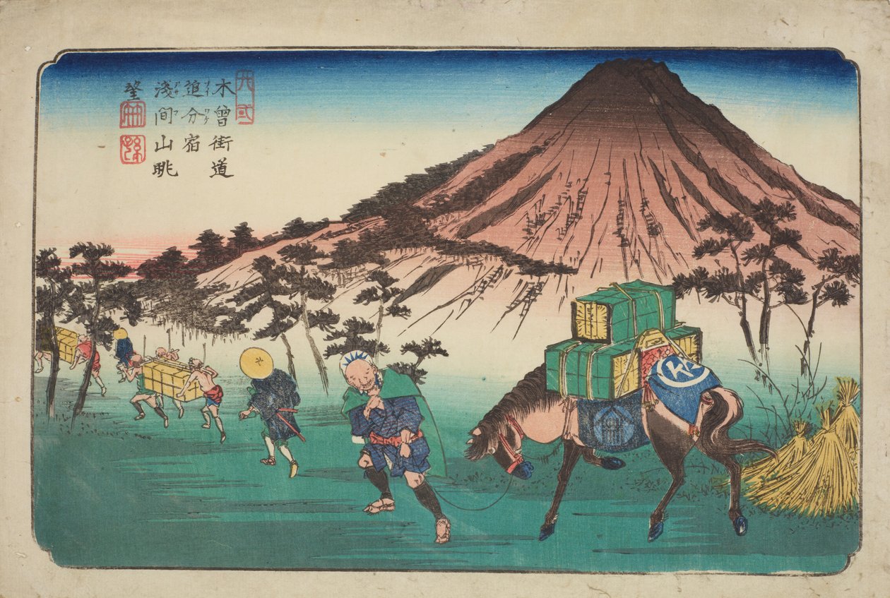 Oiwake, viajantes com um cavalo a passar uma montanha, prancha 22 da série: As sessenta e nove estações da estrada Kisokaido de Keisai Eisen