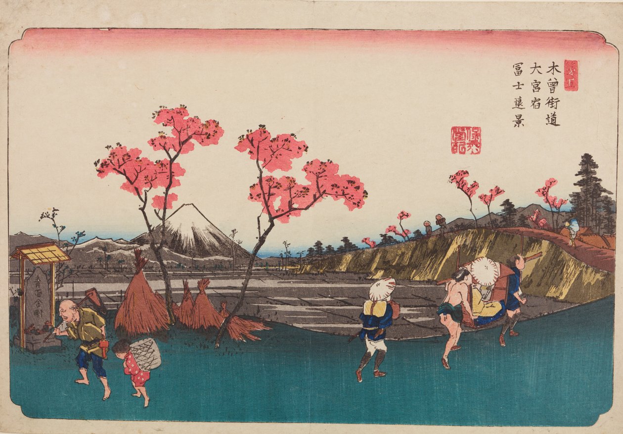 Omiya, árvores cor-de-rosa à beira da estrada, gravura n.º 5 da série: Sessenta e nove etapas da estrada Kisokaido / Kisokaido rokujukyu tsugi-no uchi de Keisai Eisen
